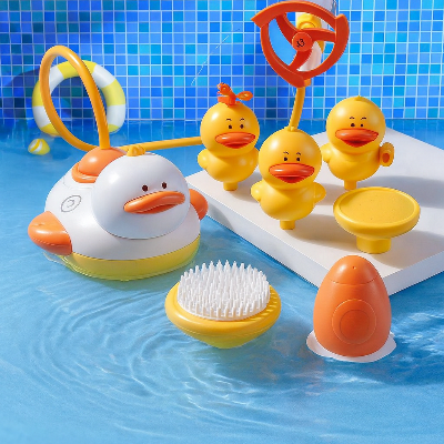 Jouet de bain pour bebe avec 3 canards + pommeau de douche + fusée + moulin à vent + brosse