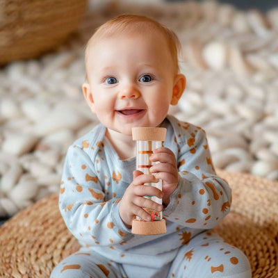 Le tout petit manipule son baton de pluie bébé , regard figé pour soliciter l'écoute avec une expression de bonheur.