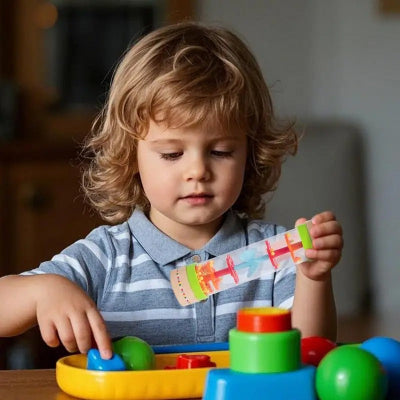 Un tout-petit ultra concentré, les yeux fixés sur les mouvement de perles de son baton de pluie.