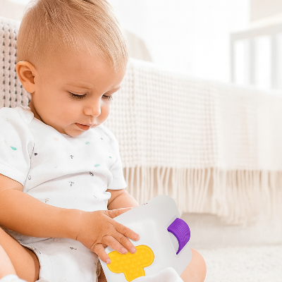 Cube motricité bébé se manipule par un tout petit d'environ 6 mois