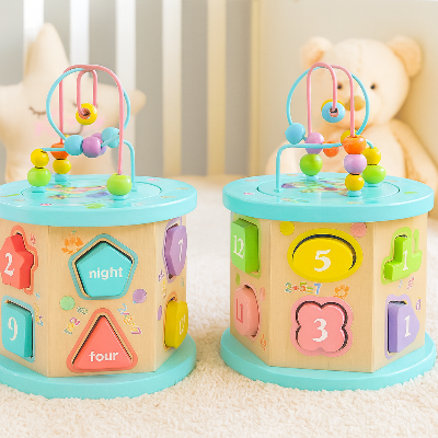 Cube motricité bébé avec des lettres et mots en anglais inscrit sur des formes sous forme de puzzle