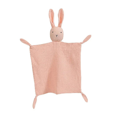 Doudou lapin rose fait de coton double gaze
