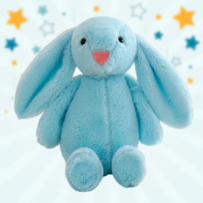Doudou lapin bleu peluce au longues oreilles pour faciliter l'éveil.