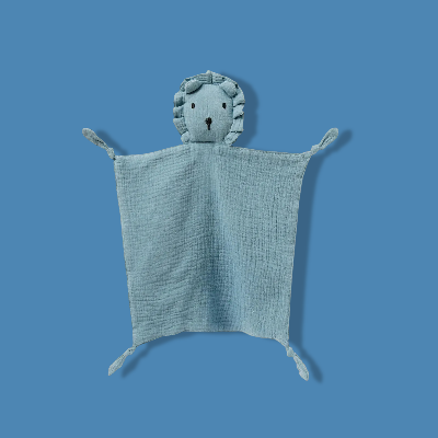 doudou lion plat de couleur bleu