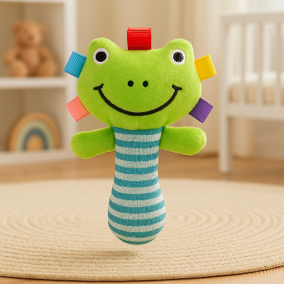 Hochet bébé tête grenouille à clochette pour l'éveil.