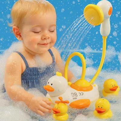 Bébé profite de l'eau qui jaillit du jouer de bain pour bebe les yeux fermés