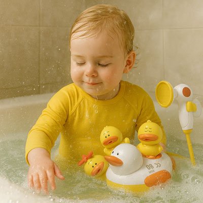 Bébé joue avec les petit canards du jouet de bain pour bebe dans son bain