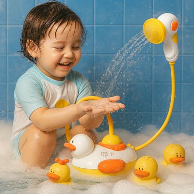 La pompe du Jouet de bain pour bebe, pulvérise l'eau en grand jet  dans les mains du tout petit