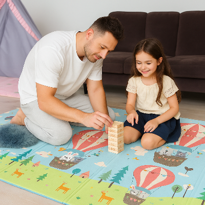 Père et sa petite fille jouent au jeu de construction sur le tapis mousse bébé