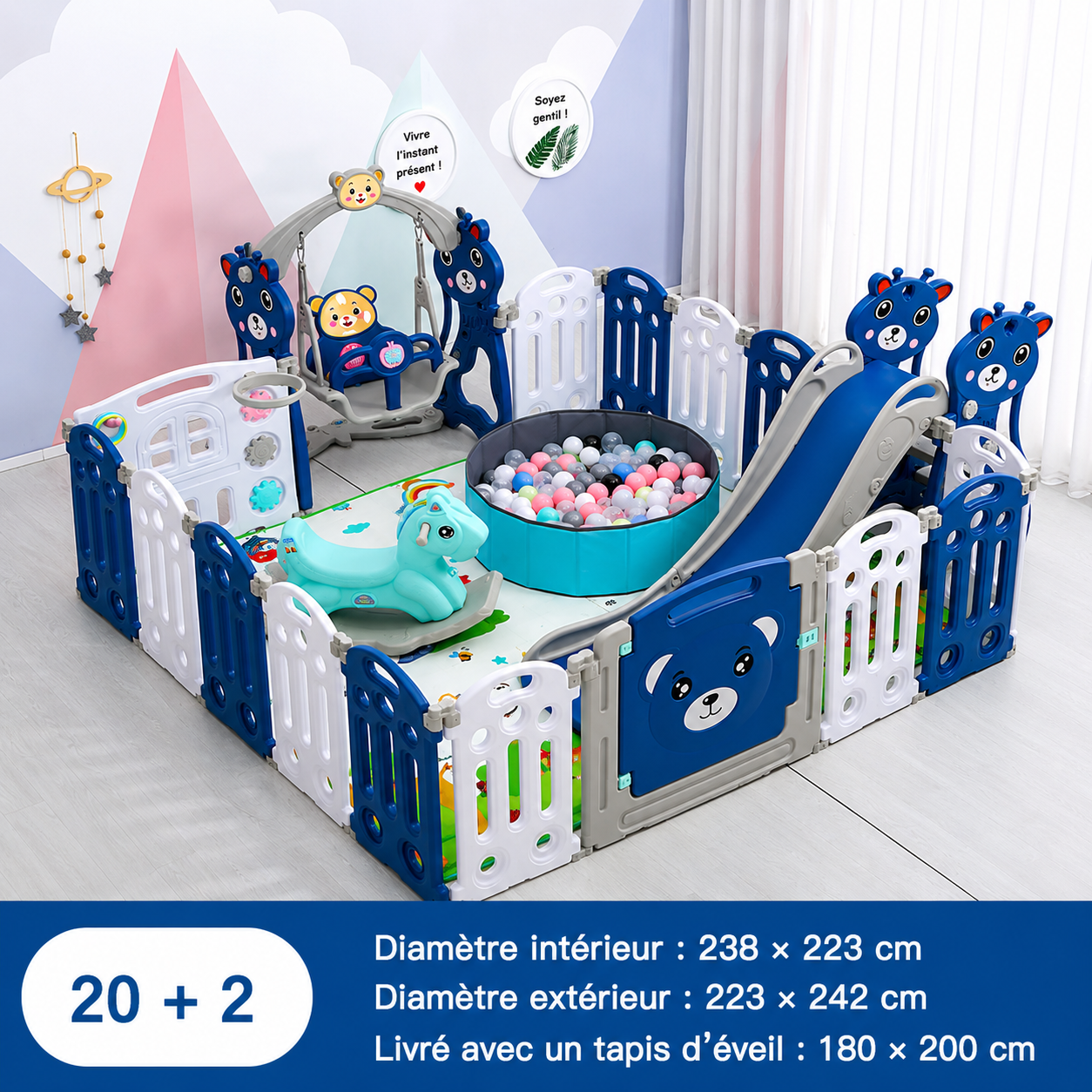 Parc bebe de 20 panneaux, 2 sorties et jouets d'éveil
