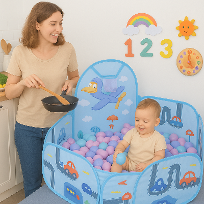 Bébé dans La piscine à balles installée dans le coin cuisine pendant que maman prépare le repas