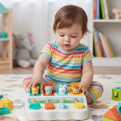 Le tout petit presse les touches du Piano bebe et l'animal correspondant pop up