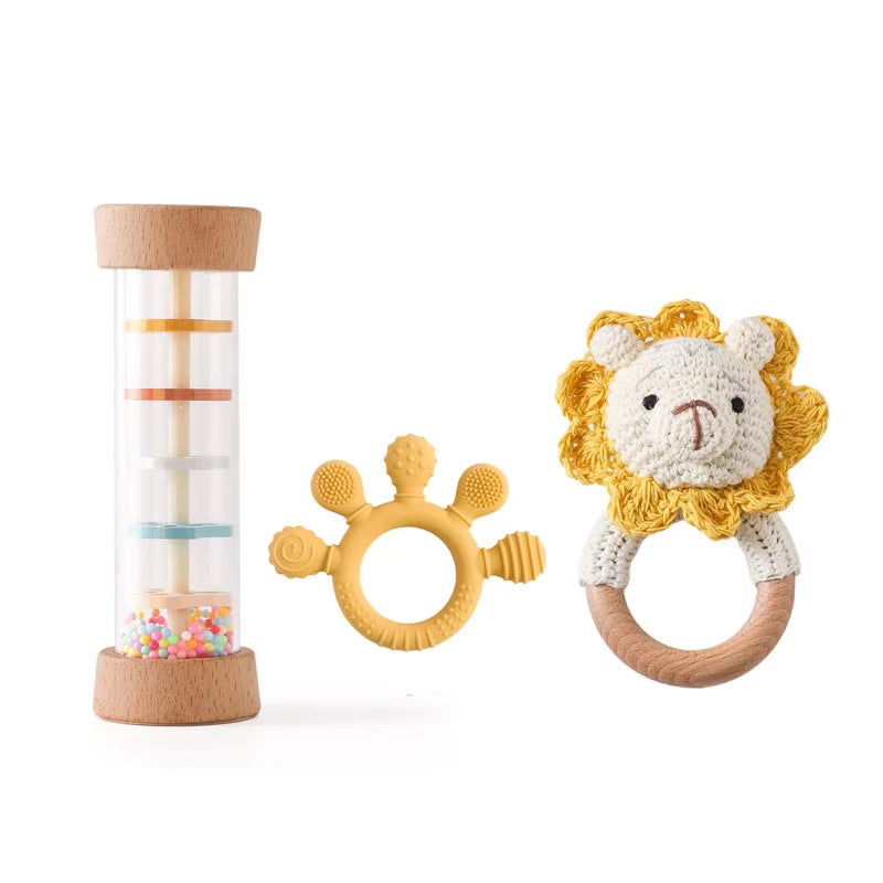 Baton de pluie bebe, hochet lion et anneau jaune