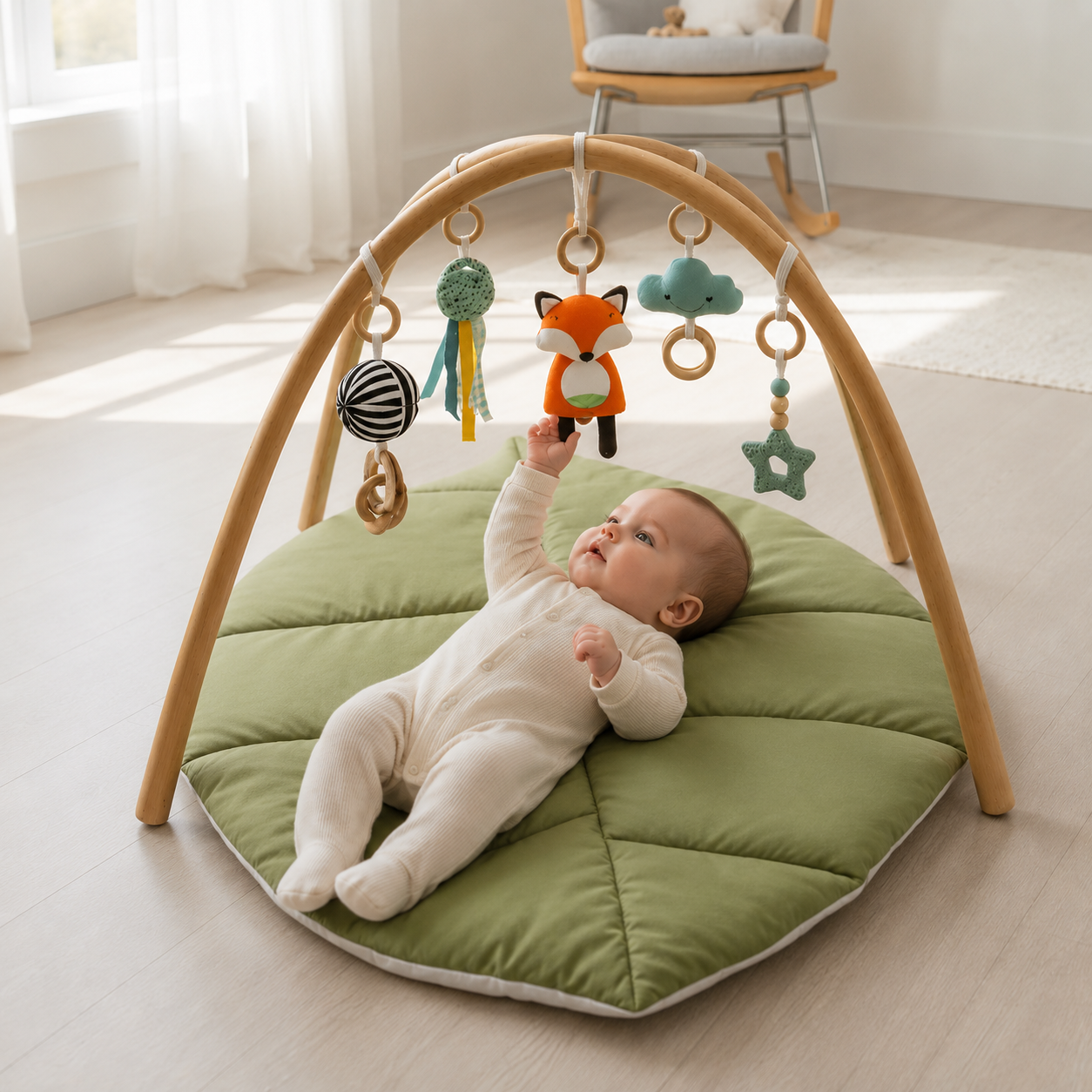 Le renard accrocher au tapis d'éveil bébé stimule la coordination des sens 