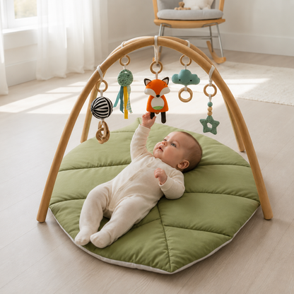 Le renard accrocher au tapis d'éveil bébé stimule la coordination des sens 