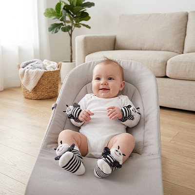 Bébé fait des grands mouvements pour interagir avec Hochet bébé sur ses membres 