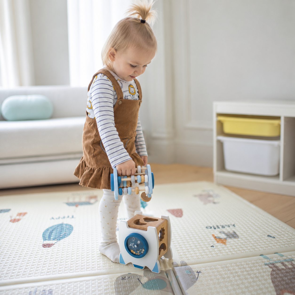 Elle découvre que la tête de sa fusée jouet bebe bois peut se séparer 