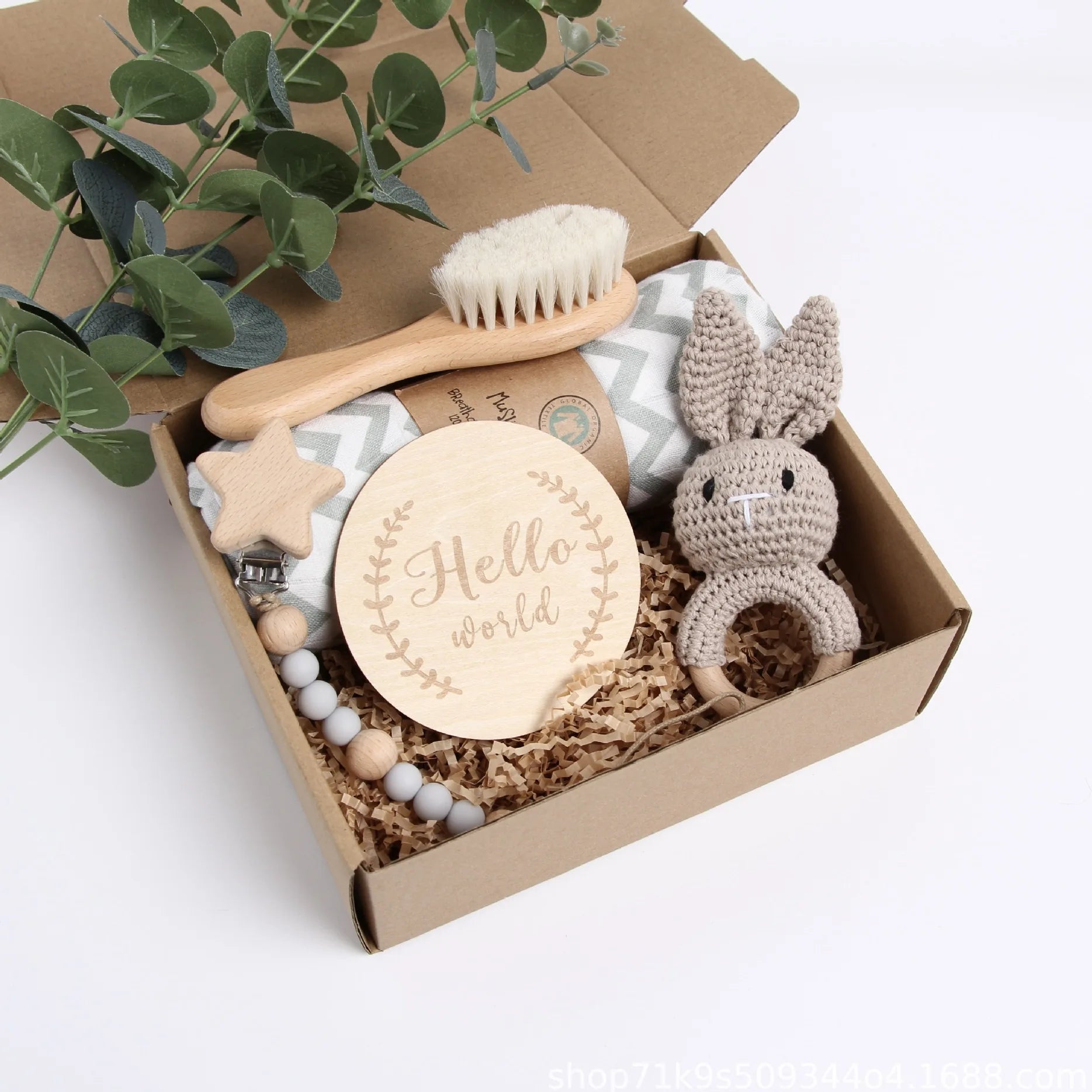 Hochet bébé lapin gris dans coffret naissance