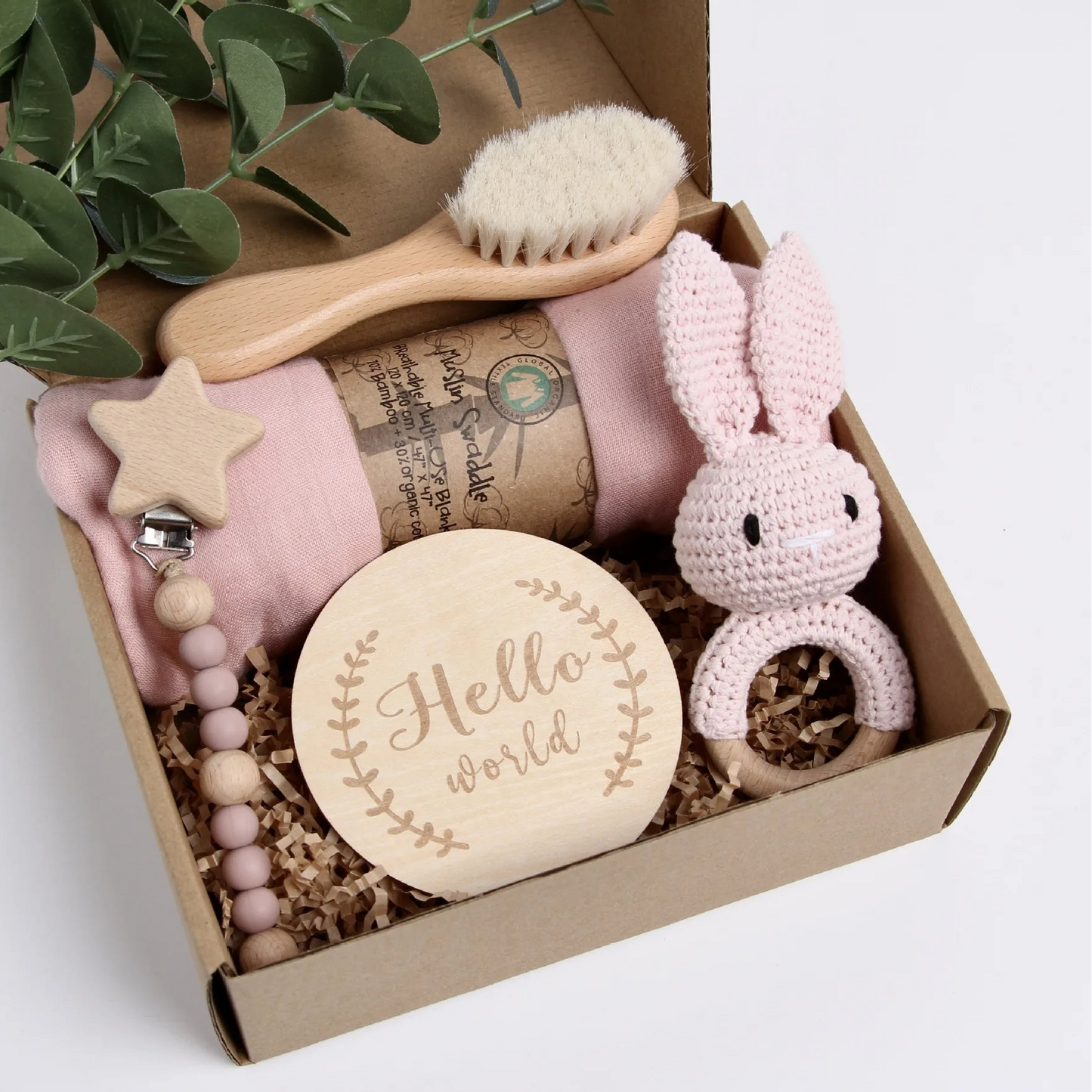 Hochet bébé lapin rose dans coffret naissance