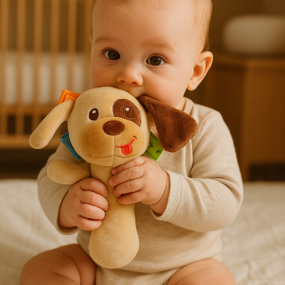 Bébé relache son anxiété en mordillant et s'agrippant son hochet.