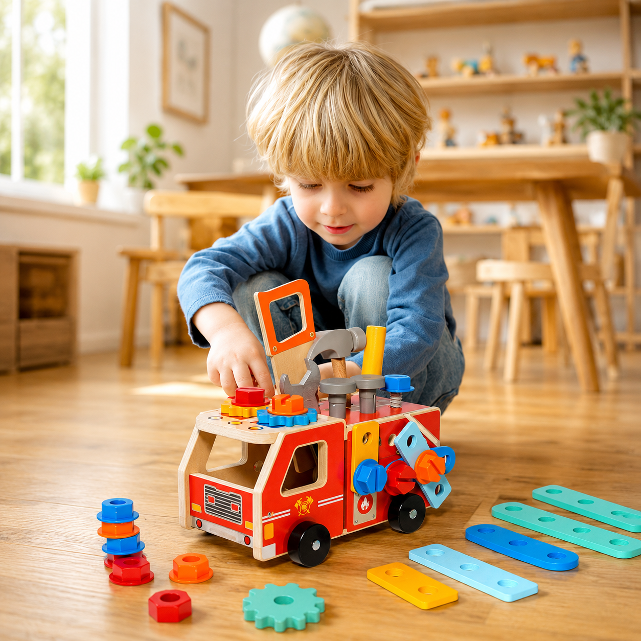 Le tout petit assemble pièce par pièce son jouet bebe bois pour en faire un camion pompier 