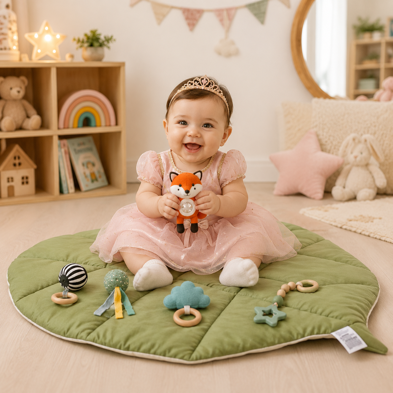 Petite princesse joyeuse sur ce tapis d'éveil bébé velour avec ses hochets