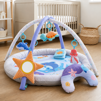 Tapis d'éveil bébé avec six jouets pour stimuler