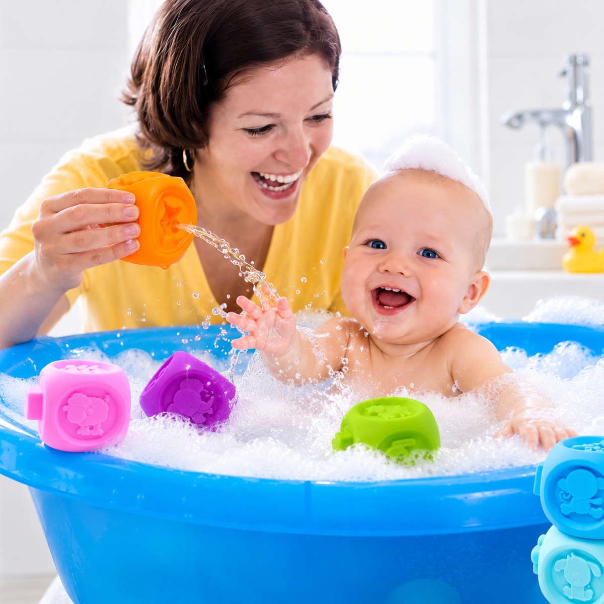 Un splash de bain joyeux  avec le jouet baignoire pour bebe