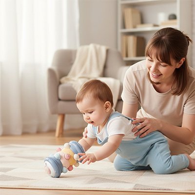 Maman tient e tout petit pour qu'il puisse jouet précocement avec le jouet eveil bebe