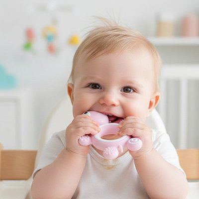 Agripper et mordiller l"anneau de dentition  avec énergie et soulagement 