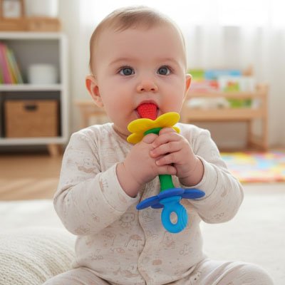 Anneau de dentition bébé bout rond avec petits boules pour être sucée et masser correctement les gencives   
