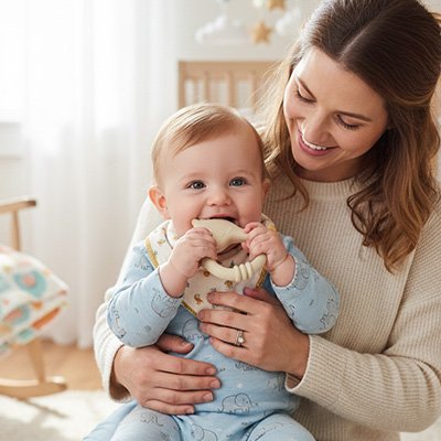 Bebe et maman autour de l'anneau de dentition 