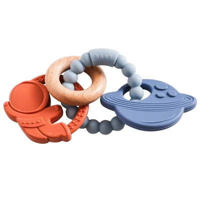 Anneau de dentition silicone bleu et orange plus bois naturel