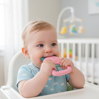 Mordre dans l'anneau de dentition réfrigéré ou chaud.  