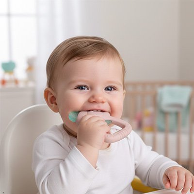 Anneau de dentition aide bébé à rester joyeux malgré la poussée dentaire.