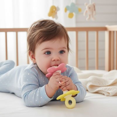 Anneau de dentition bébé en forme de petite fleur qui attendrit visiblement.