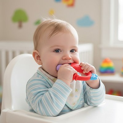 Bebe mord dans son Anneau de dentition rouge