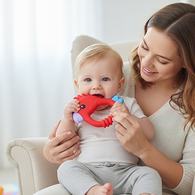 Bebe et maman autour de l'anneau de dentition rouge