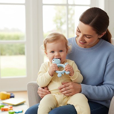 Mordre dans l'anneau de dentition bébé procure une expression faciale de soulagement