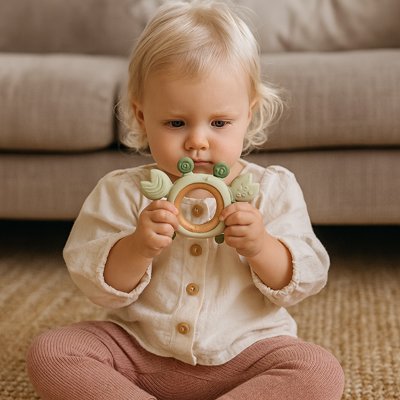 Anneau de dentition avec sa structure de crabe attise la curiosité du bébé 