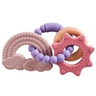 Anneau de dentition bébé silicone beige, violet , rose et anneau de bois naturel
