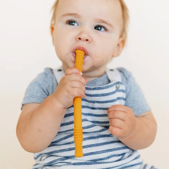 Mordre dans l'anneau dentition bébé avec concentration