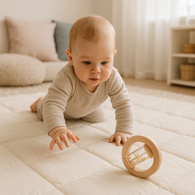 Bébé rampe pour attraper son Bâton de pluie qui roule et fait du bruit.