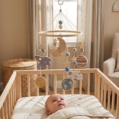 Bebe aperçoit des formes du mobile bebe au dessus de lui