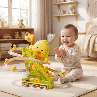 Bébé applaudit joyeusement lorsque les canards du jouet eveil bebe tournent 