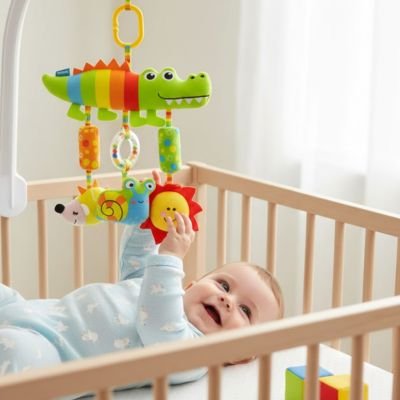 Bébé touche et caresse chaque hochet suspendu à son jouet bebe 