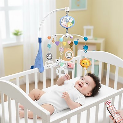 bébé essaie d'attraper le Mobile bébé et ses pendatifs qui rotent au dessus de lui