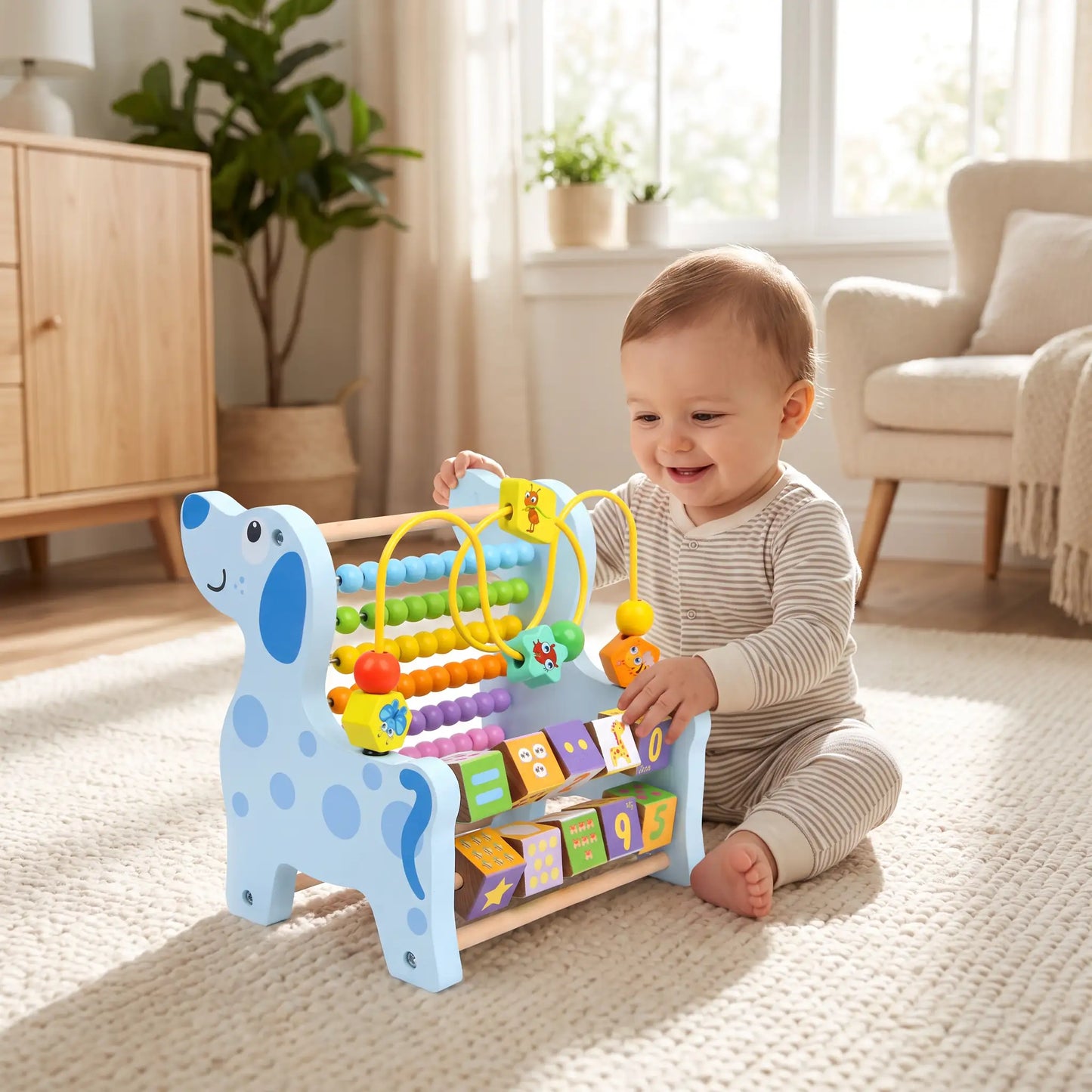 Bébé fait glisser les perles du cube d'activités bébé entre ses doigts 