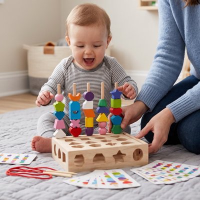 Bébé fasciné devant le cube d'activite bebe plein de formes et couleurs 