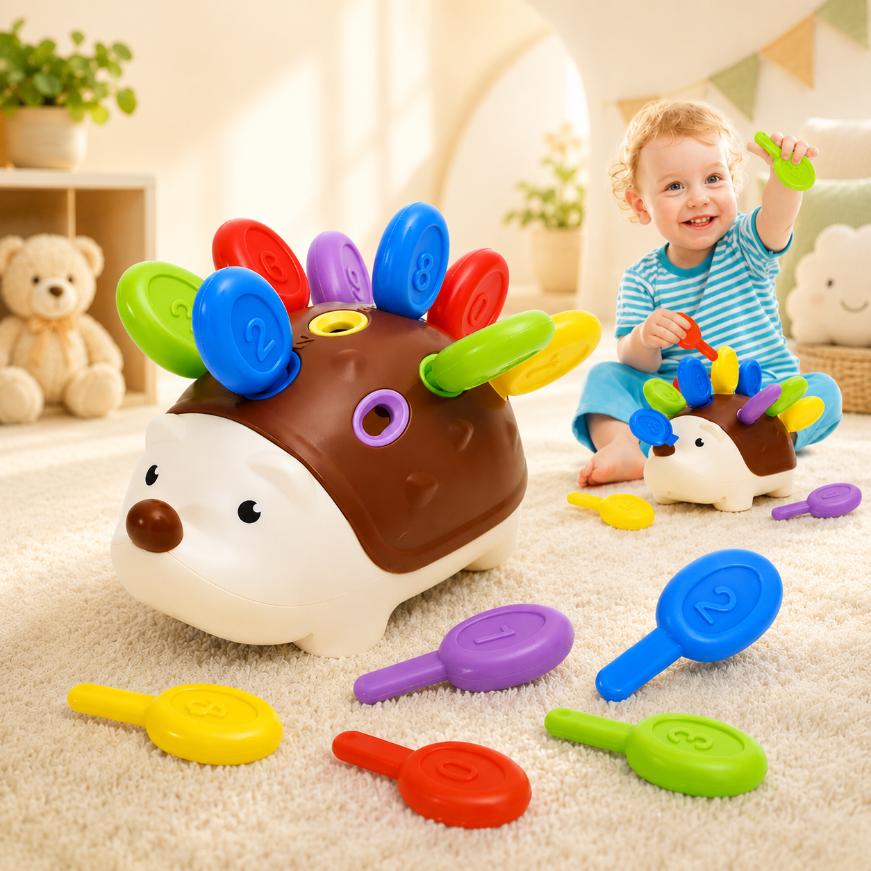 Bébé fière de jouer avec ce cube motricité bébé hérisson 